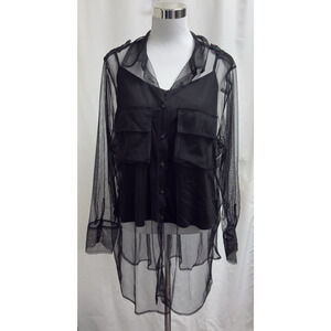 INTEMPO Button Front Mesh Shirt Long Sleeve Womens Plus 2X Black